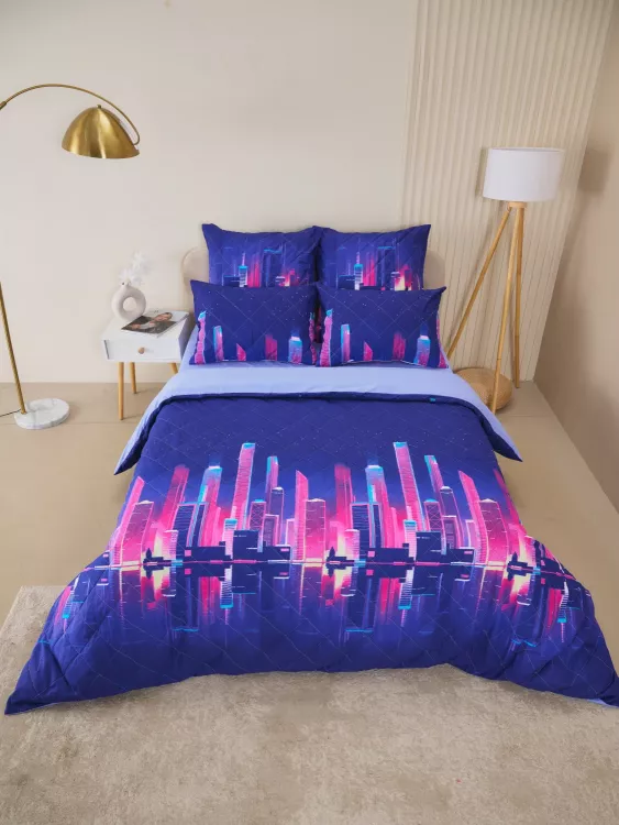 Постельное белье зима-лето из поплина с простыней на резинке - Сити Найт